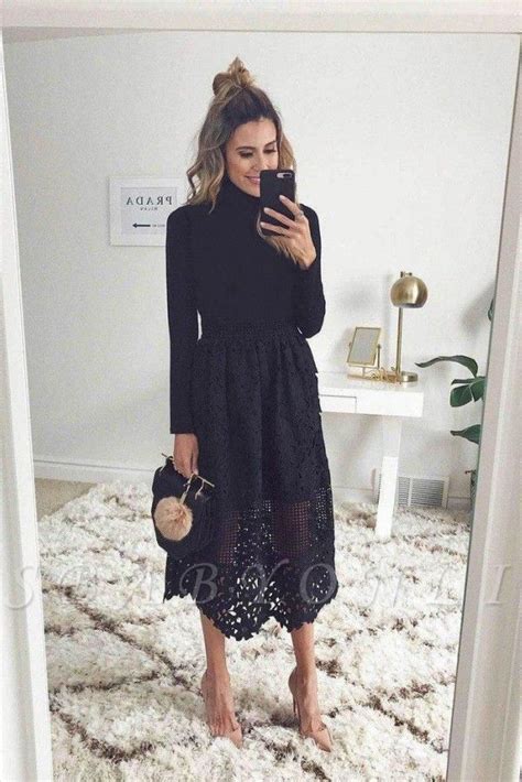 High Neck Long Sleeves Black Lace Midi Wedding Guest Dresses Winter
