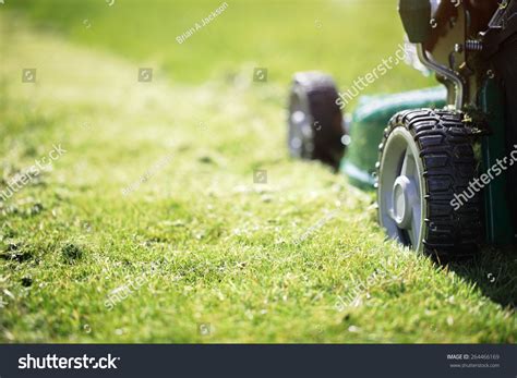 Mowing Or Cutting The Long Grass With A Green Lawn Mower In The Summer