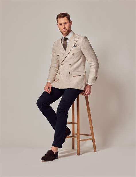 Men S Cream Double Breasted Linen Tailored Suit Jacket