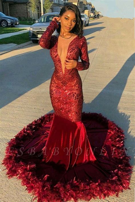 Jewel Sheer Long Sleeves Sequin Mermiad Prom Dresses With Fur In 2020