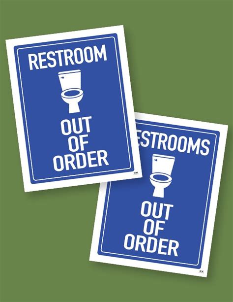 Two Blue Restroom Signs With The Words Restroom Out Of Order And A Cup