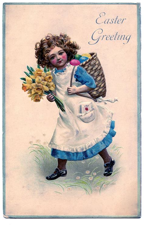 Vintage Easter Clip Art Violets Girl With Eggs The