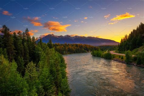 Sunset Above Fraser River Near Jasper National Park In Canada Nature