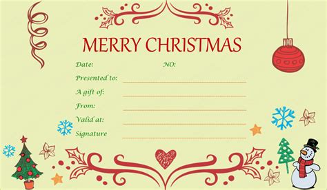 These printable congratulations certificate templates are a perfect way to recognise your children's achievements and reward their efforts.these certificate templates come in different colours and have a space to write the child's name, the date and a space for your signature. Festive Decorating Christmas Gift Certificate Template