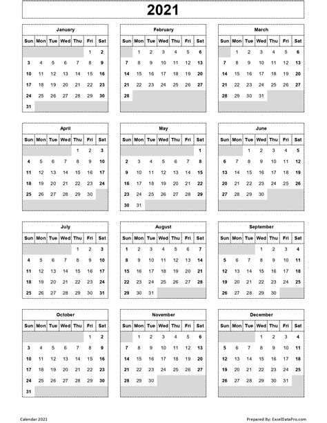 Download 2021 Yearly Calendar Sun Start Excel Template