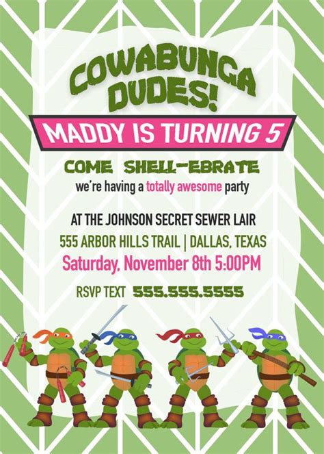 Girls Ninja Turtle Party Invitation Birthday Invitation Printable