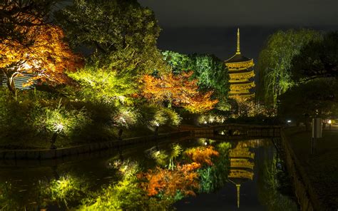 Фото Киото Япония осенние Природа парк Пруд ночью Уличные 1920x1200
