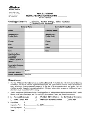 Fillable Online APPLICATION FOR HIGHWAY EXCAVATION PERMIT NO. Fax