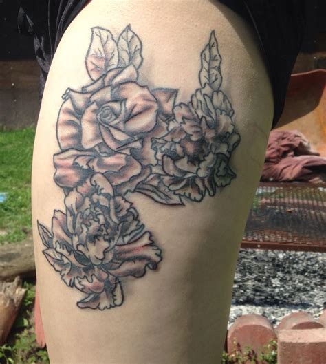 Peonies And A Rose Thigh Tattoo Rose Tattoo Thigh Thigh Tattoo Tattoos