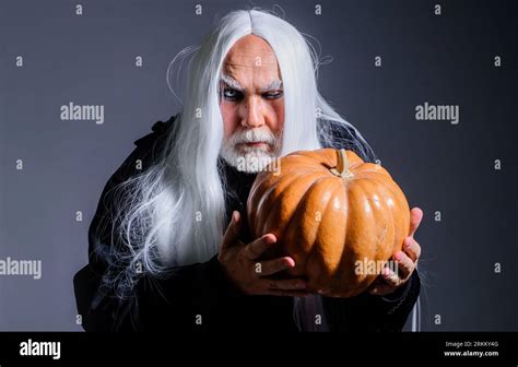Devil Vampire Man With Halloween Pumpkin Horror Male Demon With Jack