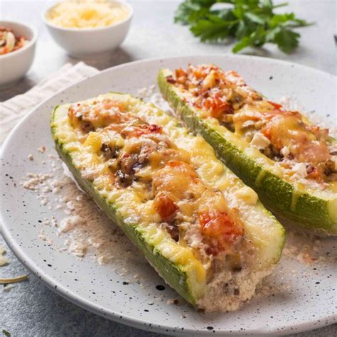 Baked Zucchini Boats Recipe Stuffed With Chicken Mushrooms And