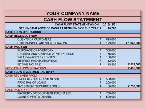 Indirect Cash Flow Statement Excel Template