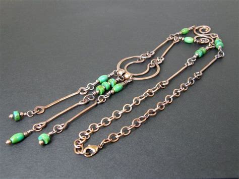 Handmade Hammered Copper Green Turquoise Necklace Antiqued Copper