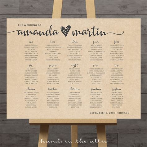 Large Wedding Seating Chart, Printable Guest Table Assignment List