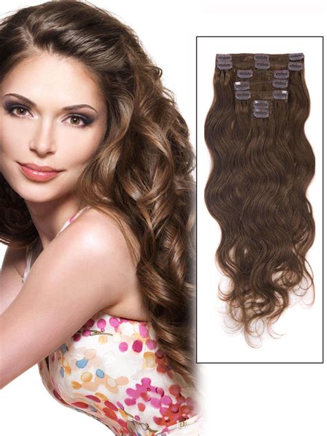 18 Inch 6 Light Brown Clip In Hair Extensions Silky Body Wave 7 Pcs