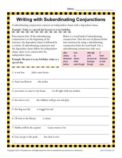 Subordinating Conjunctions Worksheets For Grade 3 Conjunction