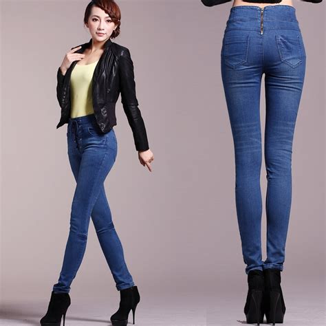 High Waist Jeans Female Lacing Tight Fitting Womens Elastic Skinny
