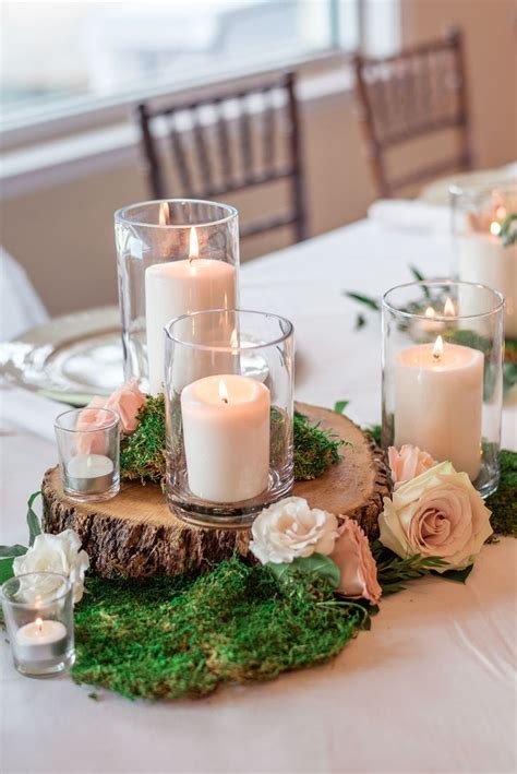 Centerpiece Filled With Lots Candlelight Moss Layered Wooden