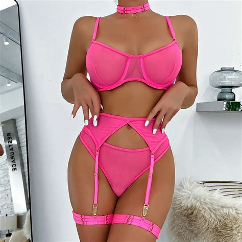 Neon Pink Sexy Lingerie Women Bra And Panty Erotic Costumes Set Sexy Four Pieces Lace Underwear