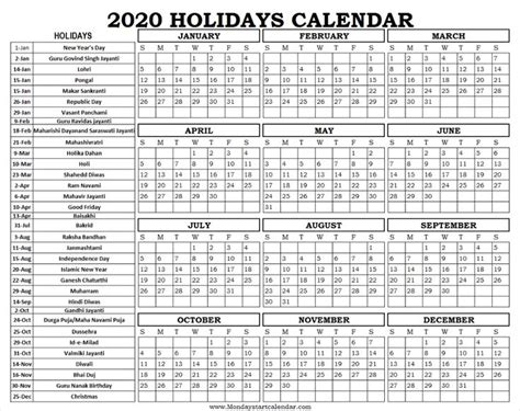 Free Printable 2020 Federal Holiday Calendar Free