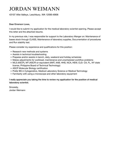 Medical Laboratory Scientist Cover Letter | Velvet Jobs