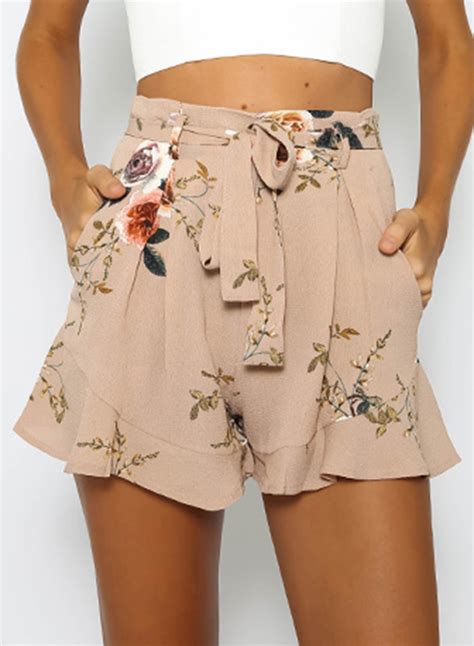fashion women s floral printed ruffle loose shorts with belt