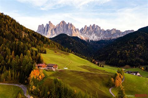 Aerial View Of Funes Valley In Autumn Dolomites Italy Royalty