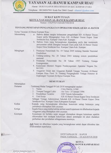 / melamar kerja di sekolah tentunya harus dimulai dengan membuat surat lamaran kerja. Contoh Sk Kepala Sekolah Paud - Guru Paud