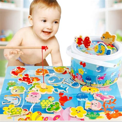 Barreled Wooden Magnetic Fishing Toys Set Baby Bath Toy Learning
