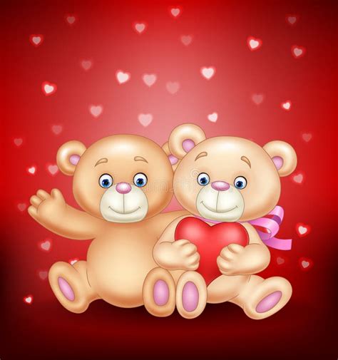 Cartoon Illustration Of Cute Couple Of Teddy Bear Hugging Heart Stock