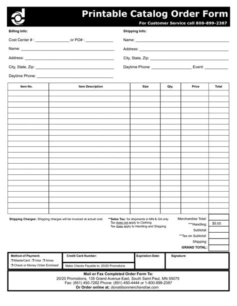 order forms printable catalog order form business