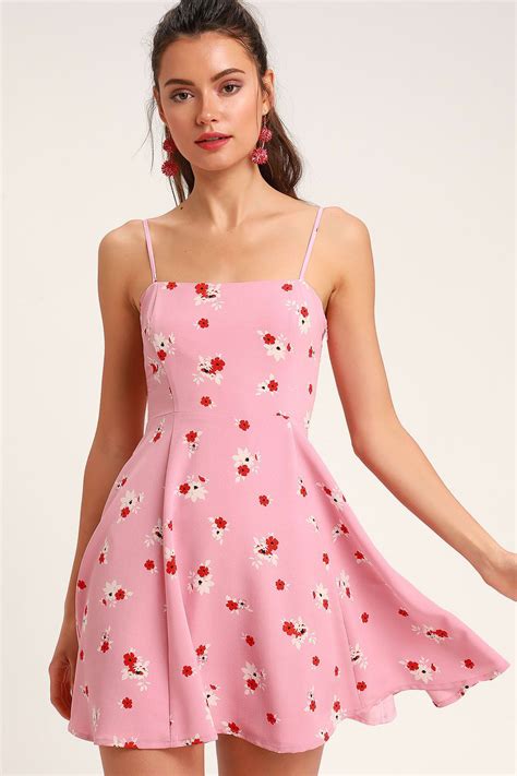 Blithe Pink Floral Print Skater Dress Pink Dress Casual Everyday