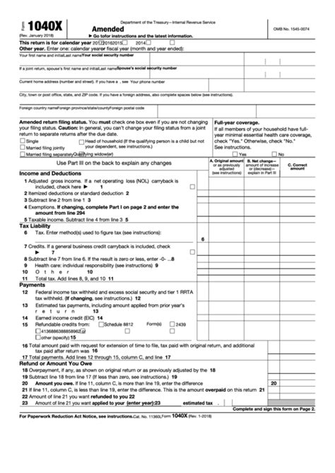 Fillable Form 1040x Amended Us Individual Income Tax Return