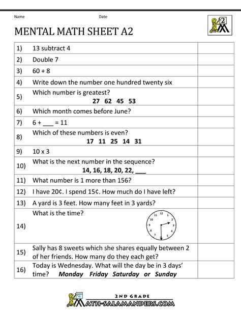 Free 2nd grade math worksheets. 2nd Grade Mental Math Worksheets