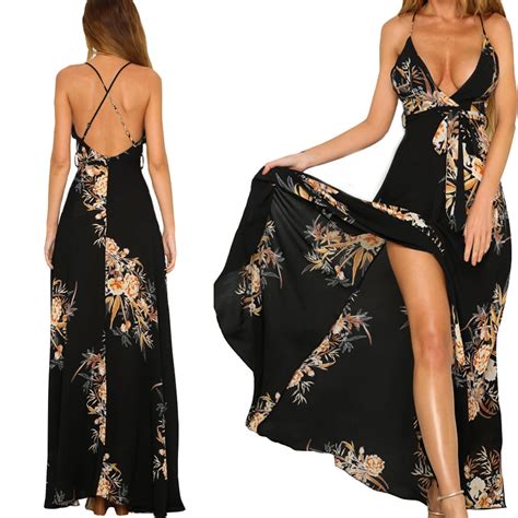 Elegant Sexy Backless Print Chiffon Maxi Dress Plus Size For Women Party Dresses Summer Bohemian