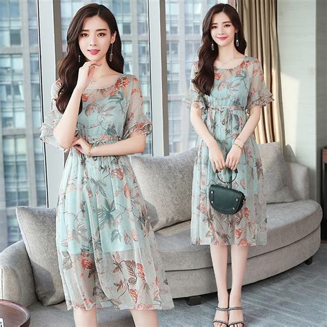 Plus Size Summer Floral Chiffon Chic Sundress Boho 2019 New Korean Elegant Woman Ruffle Midi