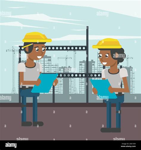 Men Builders Working Under Construction Scene Stock Vector Image And Art
