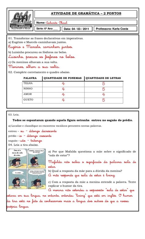 Atividades Com Fonemas E Letras Para 4o Ano Com Gabarito