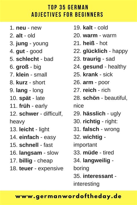 Top 35 German Adjectives For Beginners Grammaire Allemande Mots En