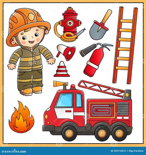 Cartoon Fire Truck With A Firefighter Or Fireman Fire Extinguishing