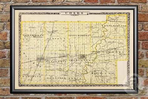 Vintage Coles County Il Map 1876 Old Illinois Map Historical Wall