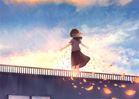 Download 1780x1280 Anime Girl School Uniform Petals Windy Clouds Back View Sky Wallpapers