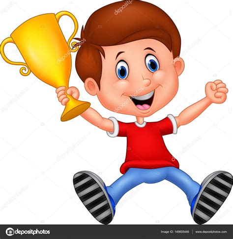 Cartoon Boy Winning A Gold Trophy — Stock Vector © Tigatelu 149605446
