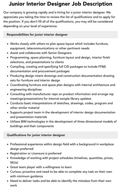 Junior Interior Designer Job Description Velvet Jobs
