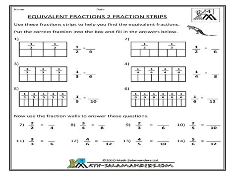 Equivalent Fractions Fraction Strips Worksheet For 3rd 4th Grade