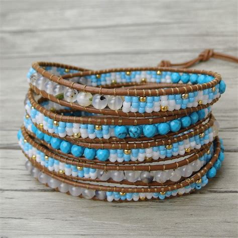 Blue Faceted Beads Bracelet Seed Beads Bracelet Leather Wrap Boho
