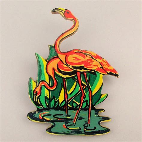 Vintage Carved Wood Pink Flamingos Pin W 1950s Florida Friend From