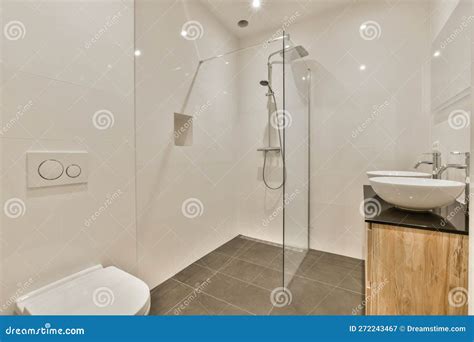 A Bathroom With A Shower And A Sink And Toilet Stock Image Image Of