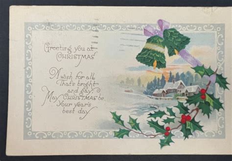 Old Vintage Christmas Greeting Postcard Holly Bells 1c Stamp 1924