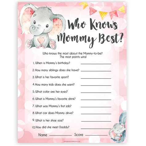 Who Knows Mommy Best Game Pink Elephant Printable Baby Shower Games